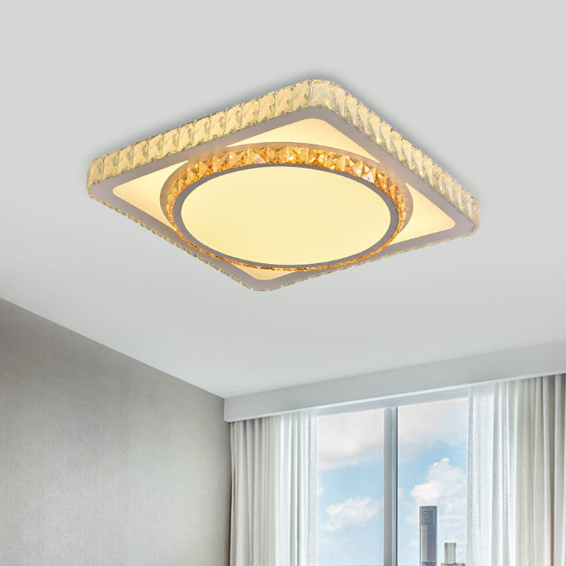 Contemporary Led Flush Mount Bedroom Ceiling Lamp With Crystal Shade - White / Round