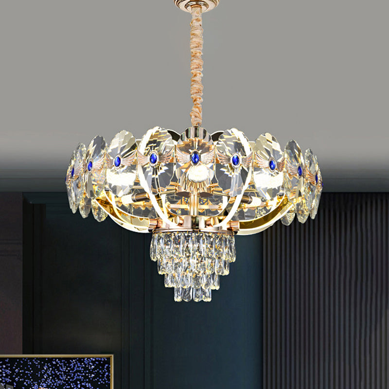 Modern Gold Led Chandelier With Crystal Panels - Oblong Down Lighting Pendant Clear