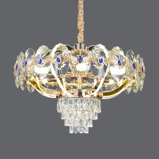 Modern Gold Led Chandelier With Crystal Panels - Oblong Down Lighting Pendant