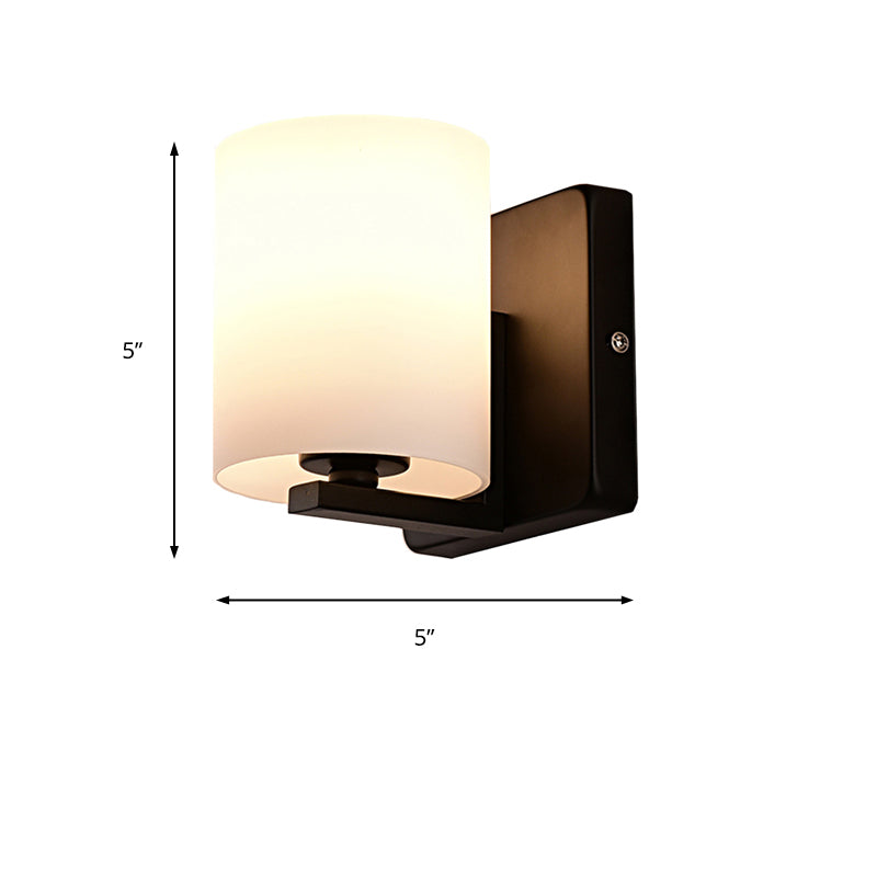 Modern 1-Light White Shade Sconce With Black Base Milk Glass Wall For Living Room