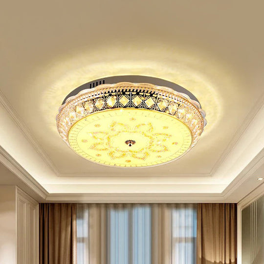 Modern Led Drum Flushmount Ceiling Light With Clear Crystal Embellishments And Flower Pattern For