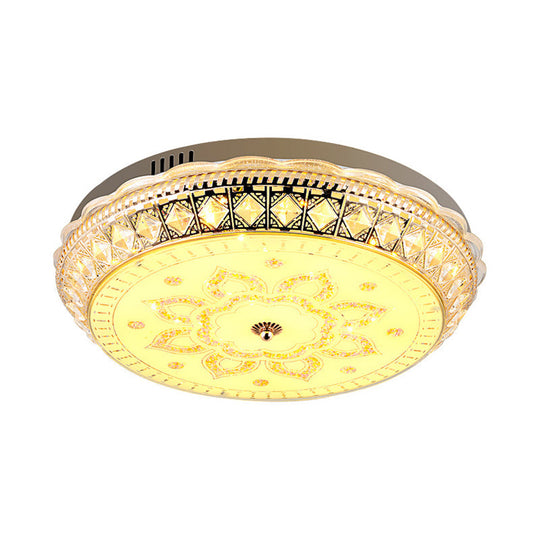 Modern Led Drum Flushmount Ceiling Light With Clear Crystal Embellishments And Flower Pattern For