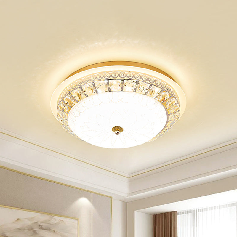 Crystal Ceiling Lamp in Gold: Simple Bowl Shape, LED Flush Mount, 16"/19.5" Wide