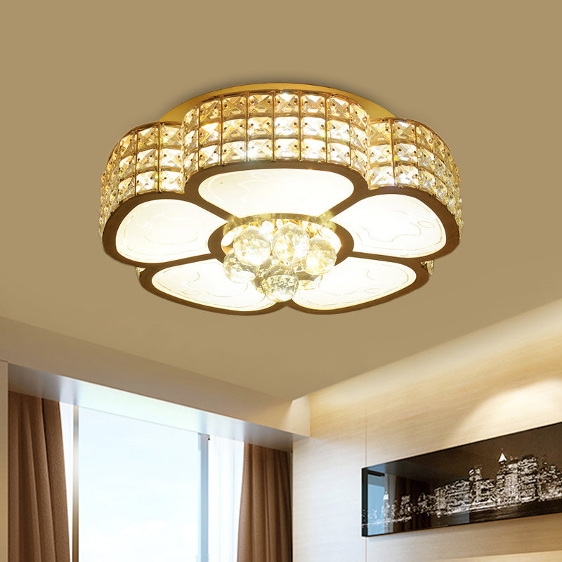 Modern Flower Ceiling Flush Light - Crystal Encrusted Mount Fixture In Gold 4/6-Bulb 16/23.5 Wide