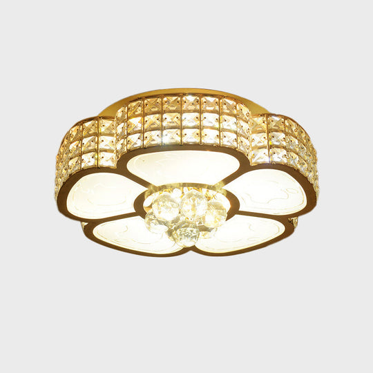 Modern Flower Ceiling Flush Light - Crystal Encrusted Mount Fixture In Gold 4/6-Bulb 16/23.5 Wide