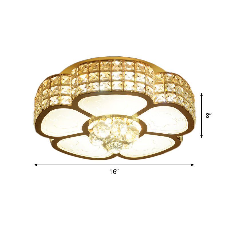 Modern Flower Ceiling Flush Light - Crystal Encrusted Mount Fixture In Gold 4/6-Bulb 16/23.5 Wide