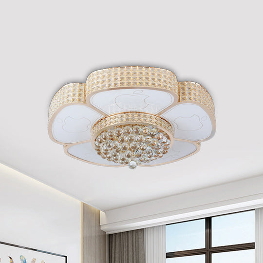 Modern Flower Ceiling Flush Light - Crystal Encrusted Mount Fixture In Gold 4/6-Bulb 16/23.5 Wide