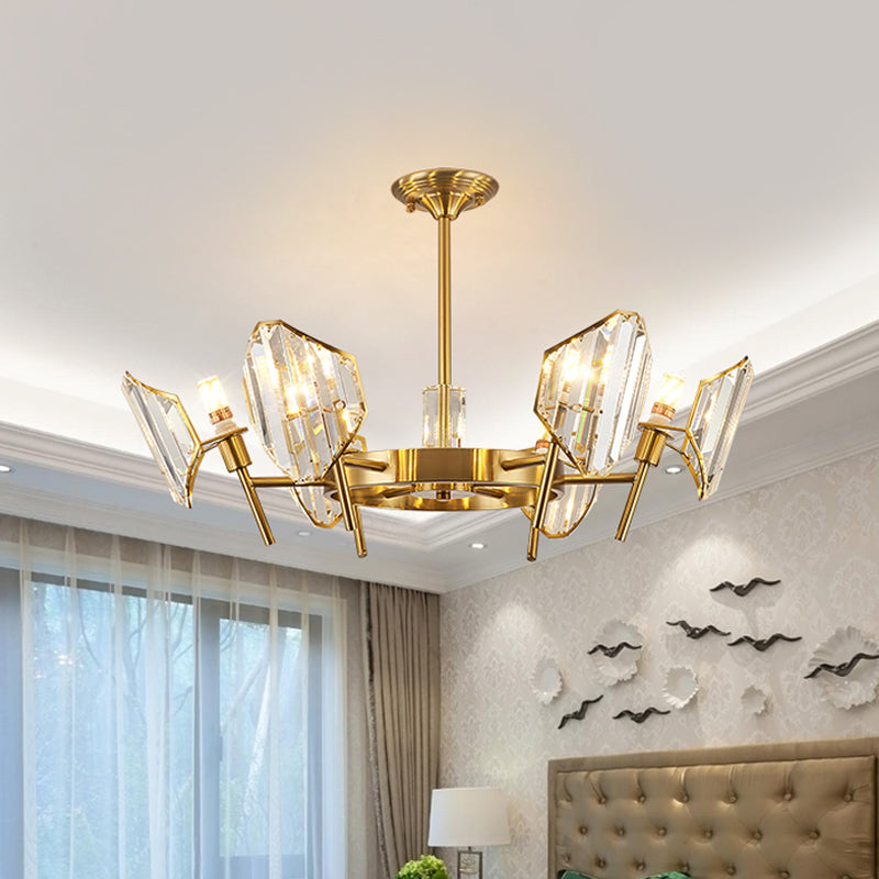 Sleek Gold Crystal Flush Mount Chandelier - Post-Modern Design with Curved Shade - Semi Flush Ceiling Light