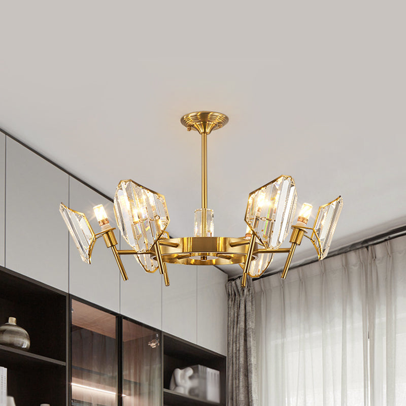 Sleek Gold Crystal Flush Mount Chandelier - Post-Modern Design With Curved Shade Semi Ceiling Light