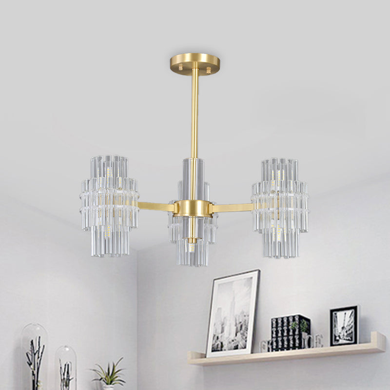 Postmodern 6-Light Clear Crystal Rods Close To Ceiling Light In Gold