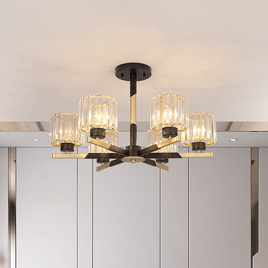 Modern Cylindrical Crystal Semi Flush Chandelier in Black - 6/8-Head Living Room Ceiling Light