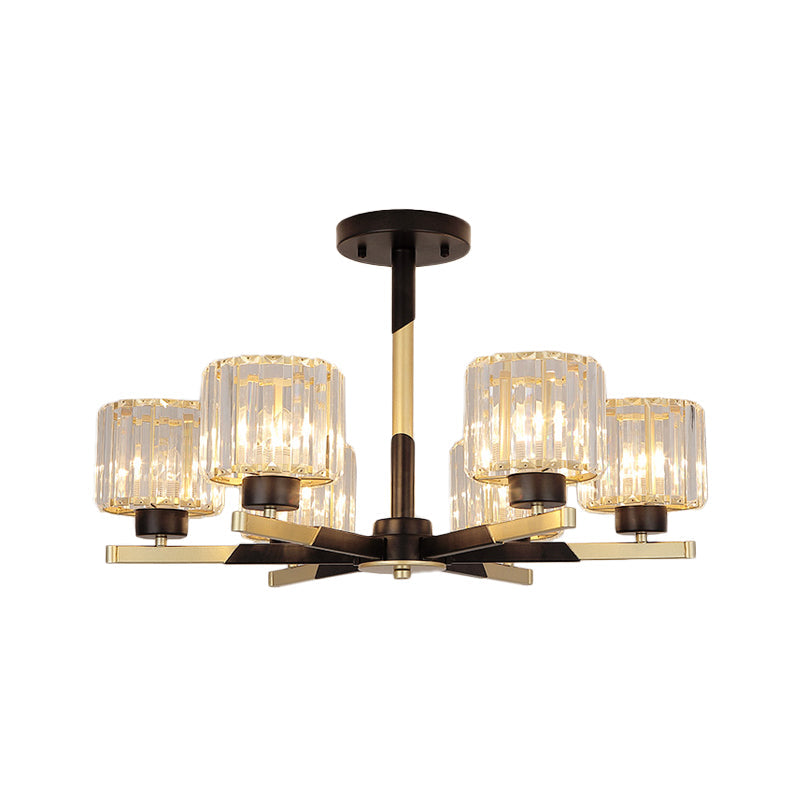 Modern Cylindrical Crystal Semi Flush Chandelier in Black - 6/8-Head Living Room Ceiling Light