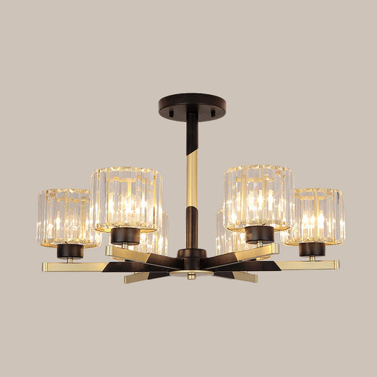 Modern Cylindrical Crystal Semi Flush Chandelier in Black - 6/8-Head Living Room Ceiling Light