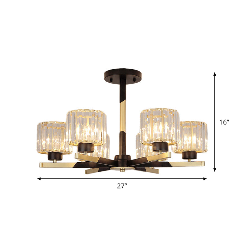 Modern Cylindrical Crystal Semi Flush Chandelier in Black - 6/8-Head Living Room Ceiling Light