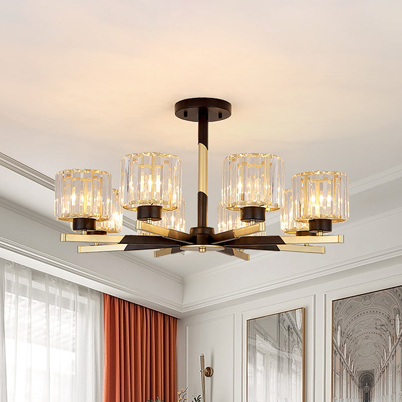 Modern Cylindrical Crystal Semi Flush Chandelier in Black - 6/8-Head Living Room Ceiling Light