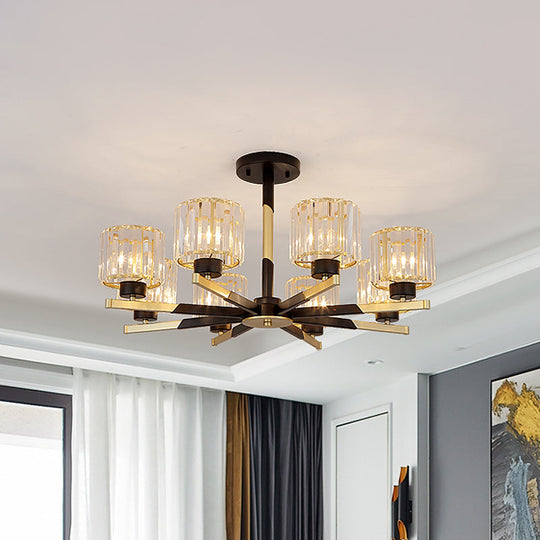 Modern Cylindrical Crystal Semi Flush Chandelier in Black - 6/8-Head Living Room Ceiling Light