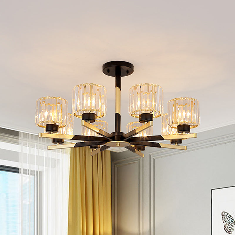 Modern Cylindrical Crystal Semi Flush Chandelier in Black - 6/8-Head Living Room Ceiling Light