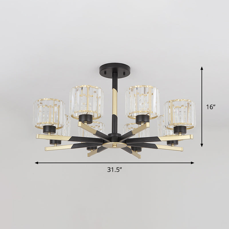 Modern Cylindrical Crystal Semi Flush Chandelier in Black - 6/8-Head Living Room Ceiling Light