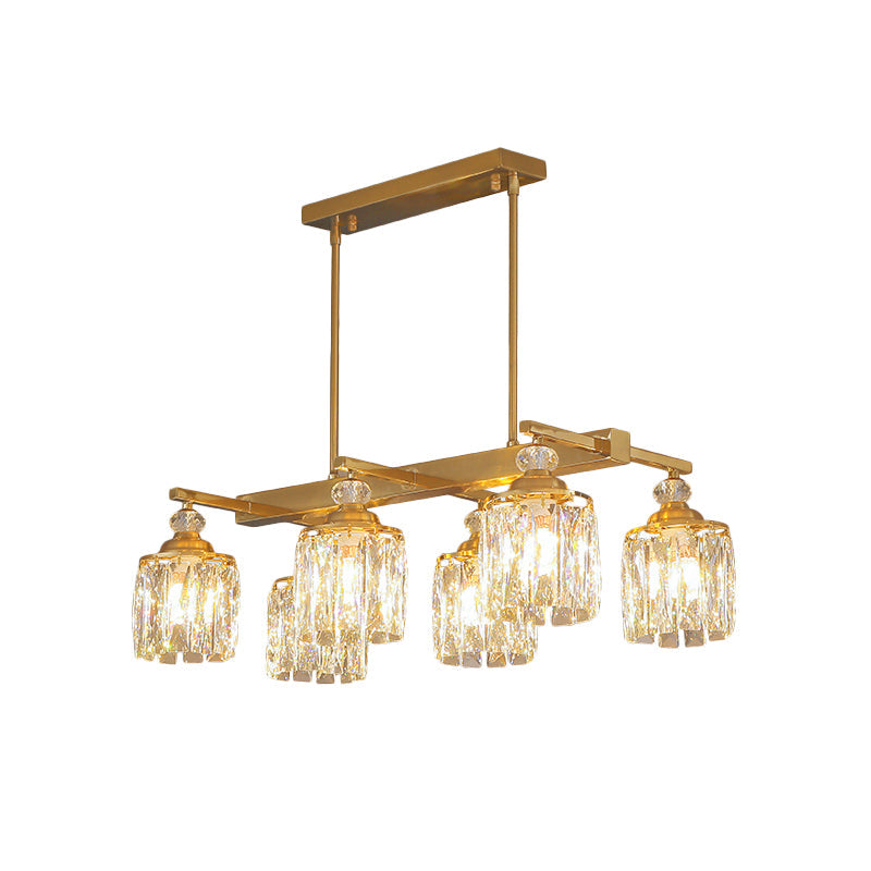 Postmodern Crystal Gold Island Lamp: Beveled 6-Head Cylinder Hanging Light Fixture