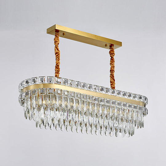 Contemporary Gold Led Crystal Tiered Island Light Fixture - Stylish Oblong Hanging Lamp For Table