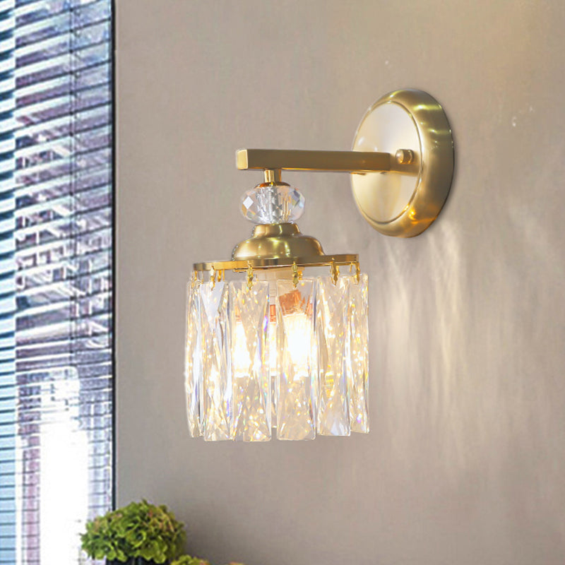 Modern Crystal Dining Room Wall Sconce - Clear Beveled Cut Cylinder Design Gold Finish