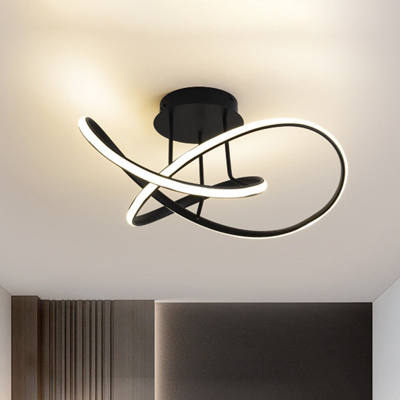 Contemporary LED Aluminum Semi Flush Chandelier (19.5"/23.5" Width) - Black/White Twisted Line, Warm/White Light