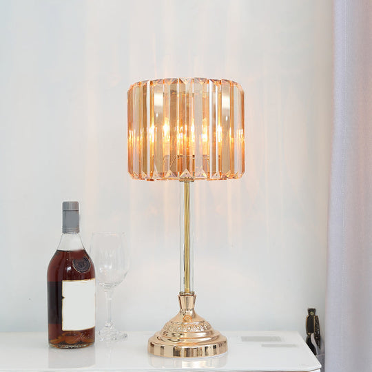 Clear Crystal Table Lamp With Drum Shade - Modern Bedchamber Nightstand Light In Champagne 10/8 W