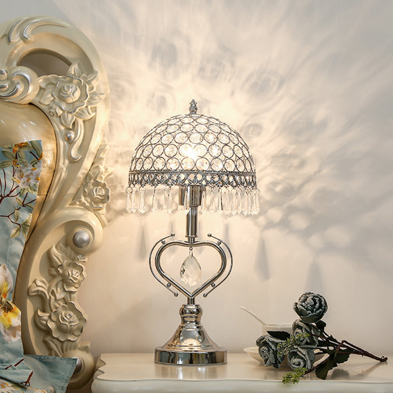 Contemporary Chrome Metal Table Lamp With Crystal-Encrusted Half Sphere Design And Droplets - 1 Head