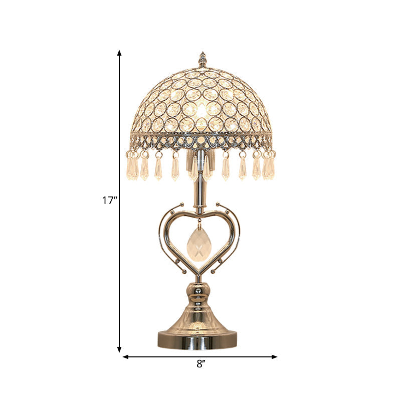 Contemporary Chrome Metal Table Lamp With Crystal-Encrusted Half Sphere Design And Droplets - 1 Head