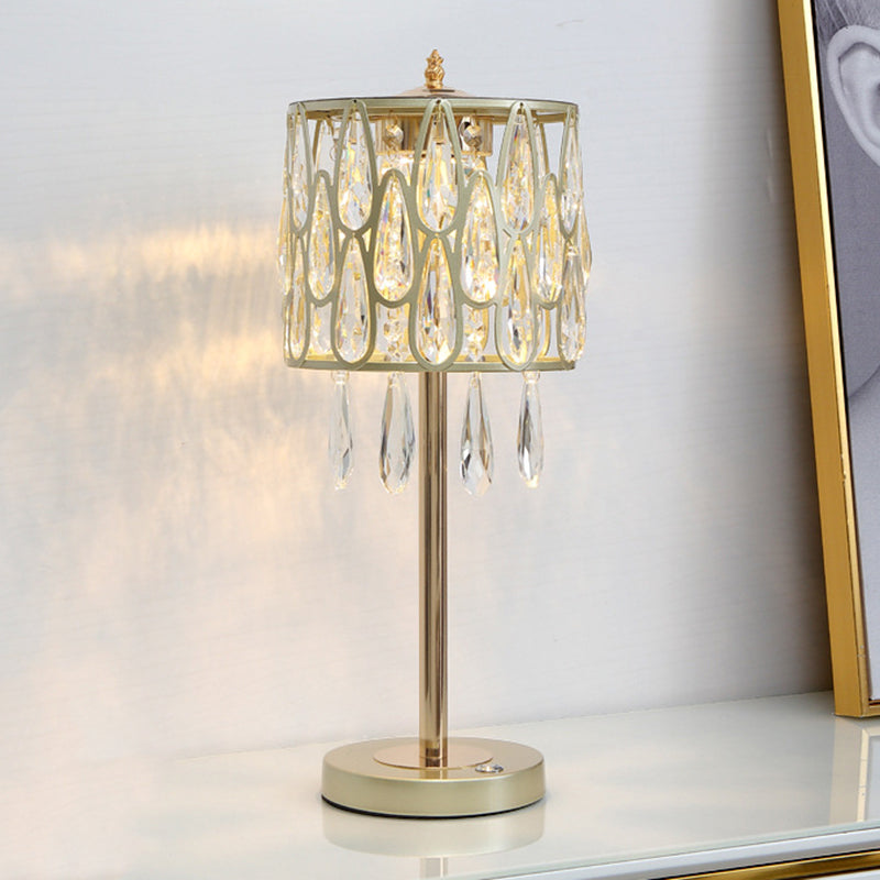 Contemporary Metal Nightstand Lamp With Crystal Raindrop Encrusted Drum Shade Champagne