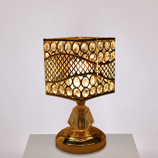 Modern Crystal Encrusted Nightstand Lamp - Cylinder/Round/Square Design Gold Finish Single Bulb