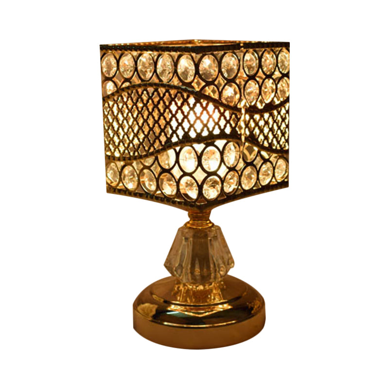 Modern Crystal Encrusted Nightstand Lamp - Cylinder/Round/Square Design Gold Finish Single Bulb