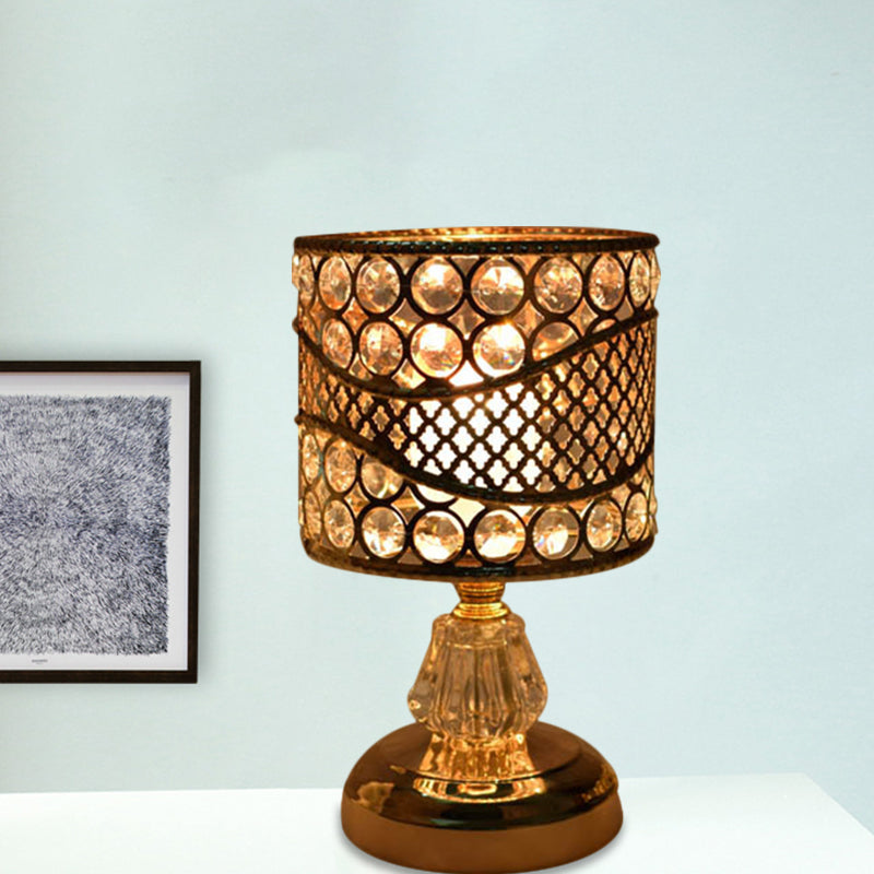 Modern Crystal Encrusted Nightstand Lamp - Cylinder/Round/Square Design Gold Finish Single Bulb