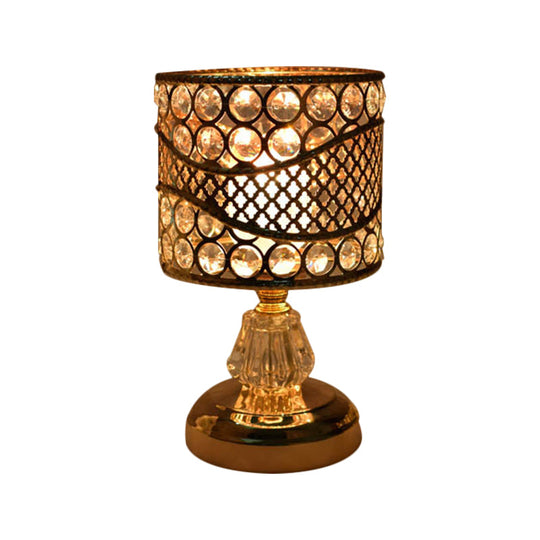 Modern Crystal Encrusted Nightstand Lamp - Cylinder/Round/Square Design Gold Finish Single Bulb