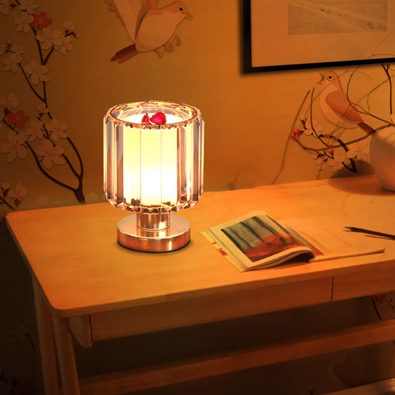 Simple Gold Finish Nightstand Lamp With Crystal Prism Shade - Bedroom Table Lighting / White