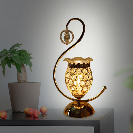 Anna - Modern Cube/Flower Shape Table Lamp Modernism Crystal-Encrusted 1 Head Gold Nightstand Light with Curved Arm