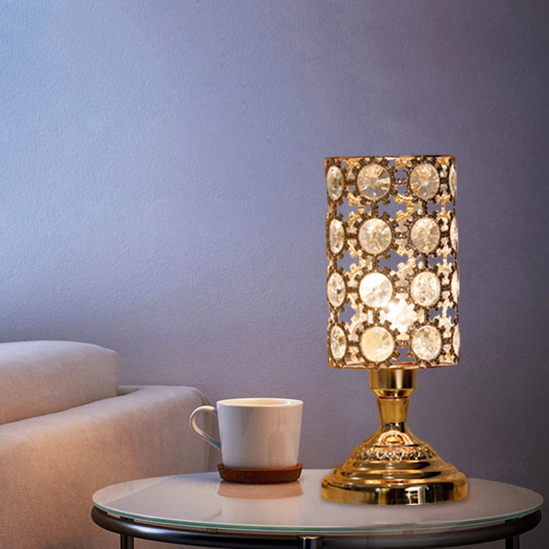 Modernism Crystal-Encrusted 1-Bulb Gold Table Light With Tapered/Cylinder Shade Reading Lamp / C