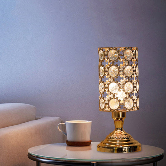 Modernism Crystal-Encrusted 1-Bulb Gold Table Light With Tapered/Cylinder Shade Reading Lamp / C