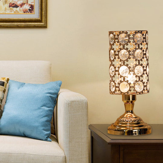 Modernism Crystal-Encrusted 1-Bulb Gold Table Light With Tapered/Cylinder Shade Reading Lamp