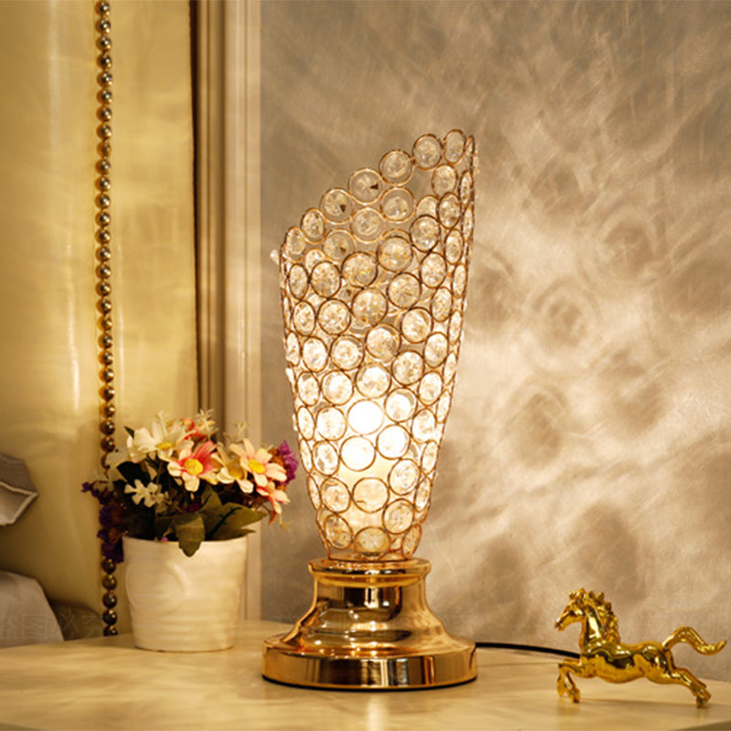 Modernism Crystal-Encrusted 1-Bulb Gold Table Light With Tapered/Cylinder Shade Reading Lamp / A