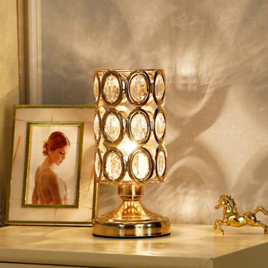 Modernism Crystal-Encrusted 1-Bulb Gold Table Light With Tapered/Cylinder Shade Reading Lamp / B