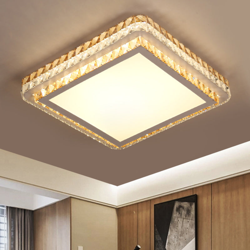 Simple Square Bedroom LED Ceiling Light with Clear Crystal Inserts