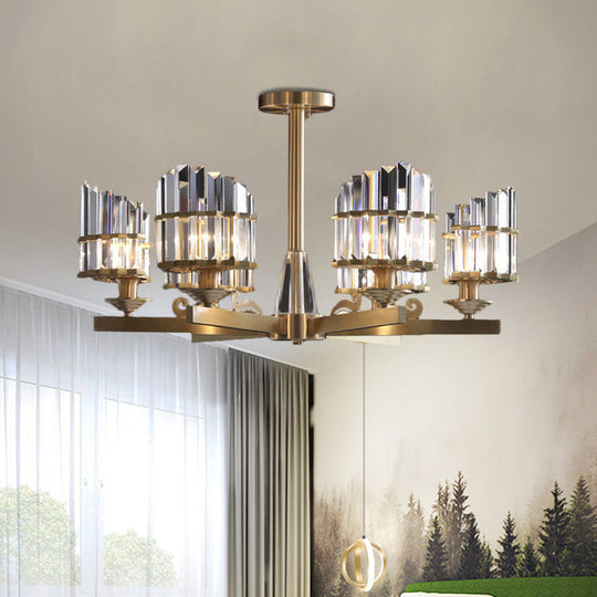 Modern Gold Chandelier with Crystal Block Shades and Radial Pendant Lights - 3/6 Bulbs