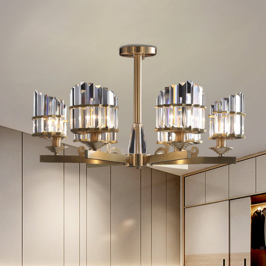 Modern Gold Chandelier with Crystal Block Shades and Radial Pendant Lights - 3/6 Bulbs