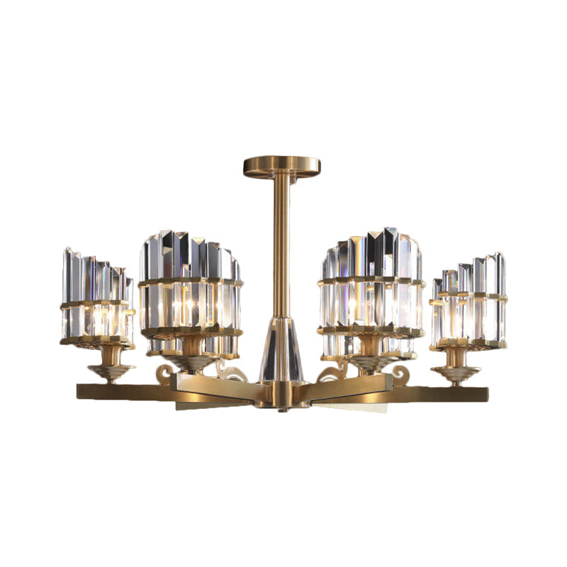 Modern Gold Chandelier with Crystal Block Shades and Radial Pendant Lights - 3/6 Bulbs