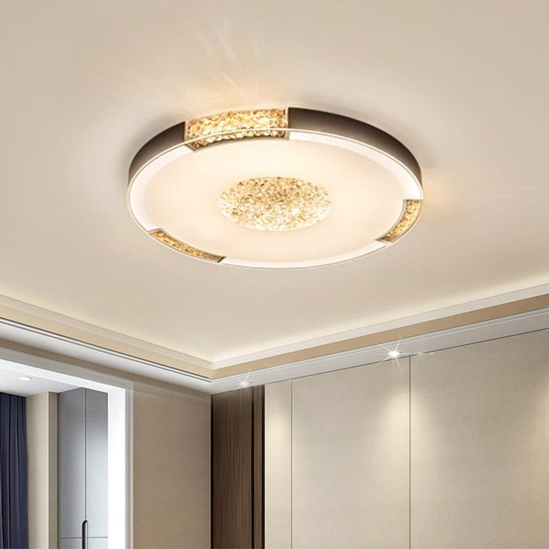 Contemporary LED Flush Mount Ceiling Light in Black/Gold Finish with Bevel Cut Crystals - White/Warm Light