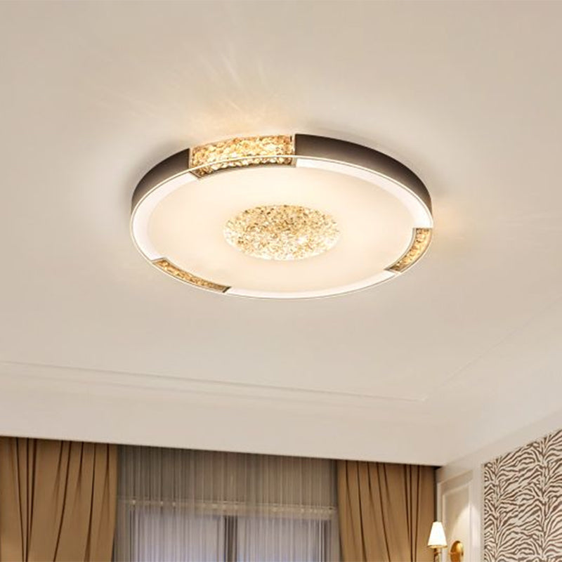 Contemporary LED Flush Mount Ceiling Light in Black/Gold Finish with Bevel Cut Crystals - White/Warm Light