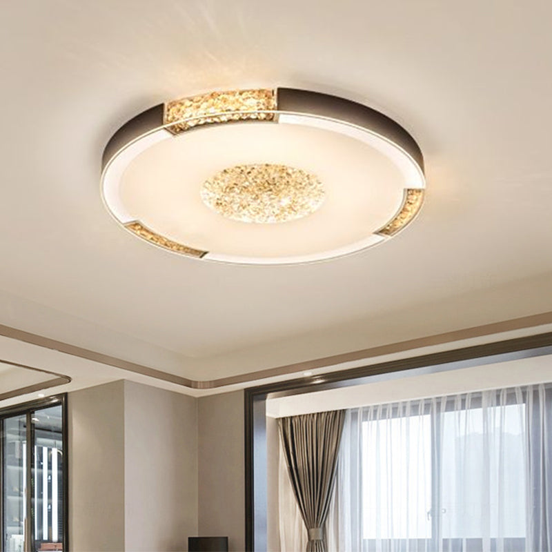 Contemporary LED Flush Mount Ceiling Light in Black/Gold Finish with Bevel Cut Crystals - White/Warm Light