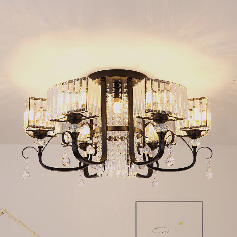 Semi Flush Black Metal Ceiling Lamp with Crystal Cuboid Shade - Swirling Arm, 3/7 Heads