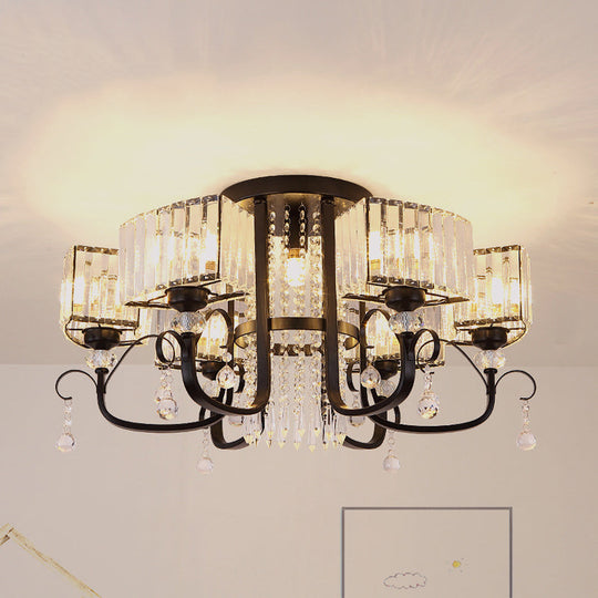 Semi Flush Black Metal Ceiling Lamp With Crystal Cuboid Shade - Swirling Arm 3/7 Heads 7 /